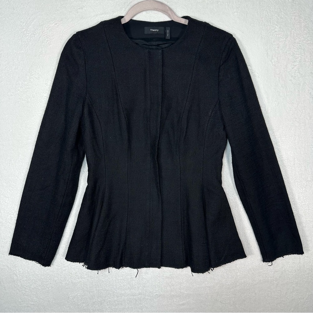 Theory Peplum Black Blazer Jacket Movement Canvas Tweed Solid Zip Sz 4 Preppy